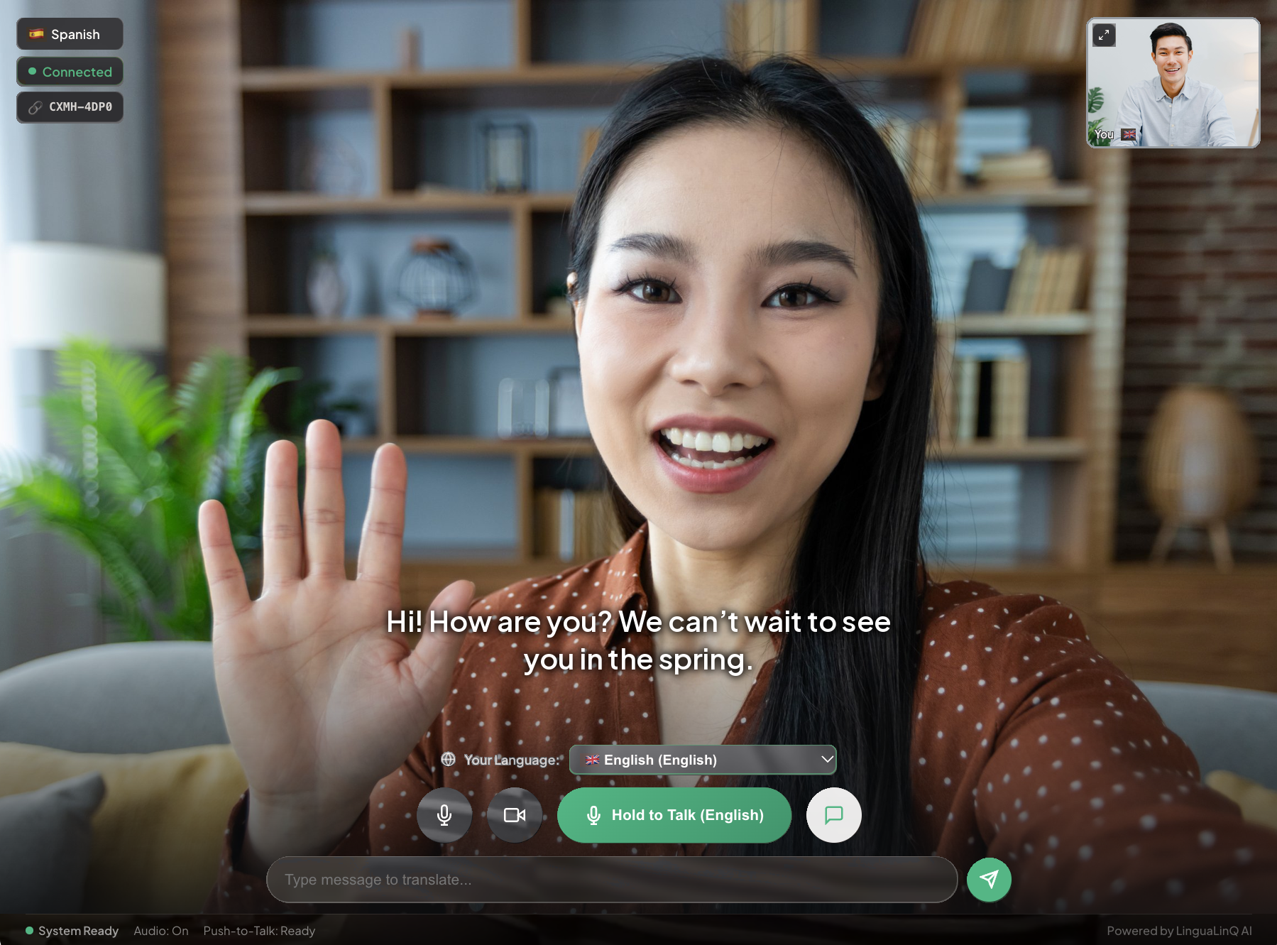 A video call in the browser: she speaks Spanish, you read English. People shown are stock photography.