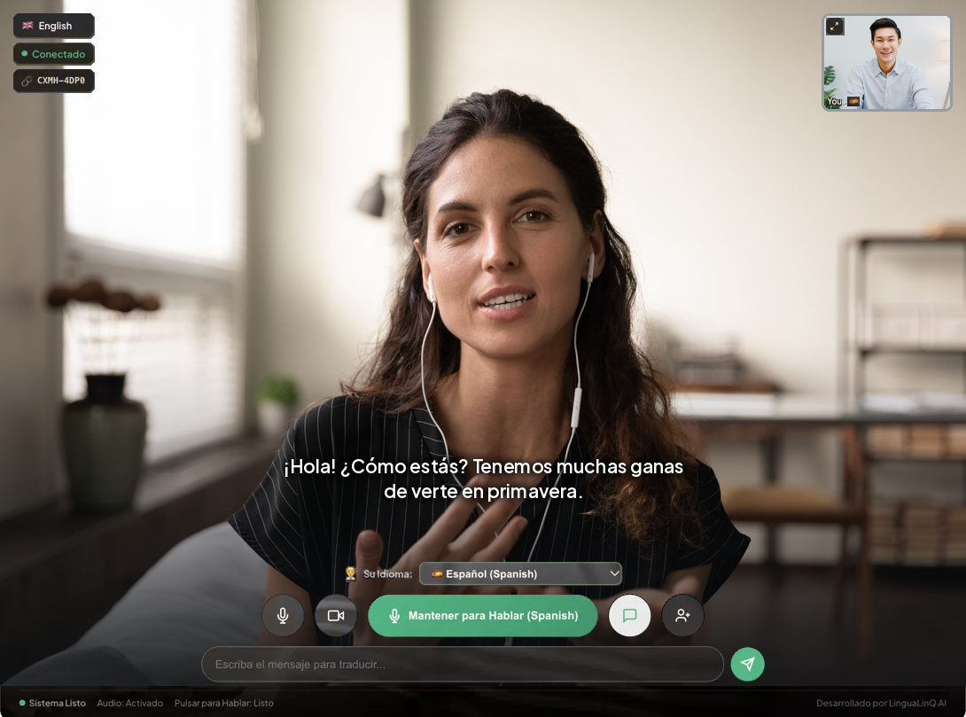 Una videollamada en el navegador: ella habla inglés y usted lee español. Las personas son fotografía de archivo.