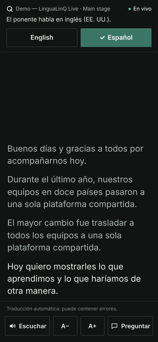 El teléfono de un asistente siguiendo la misma ponencia en español.