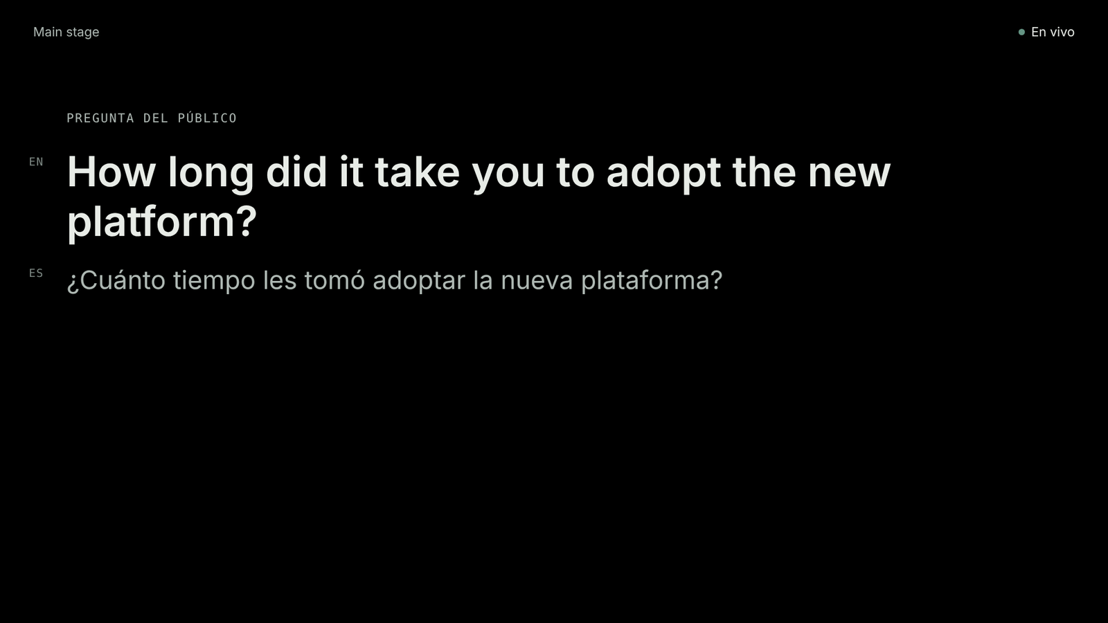 La pregunta en la pantalla, primero en el idioma del ponente
